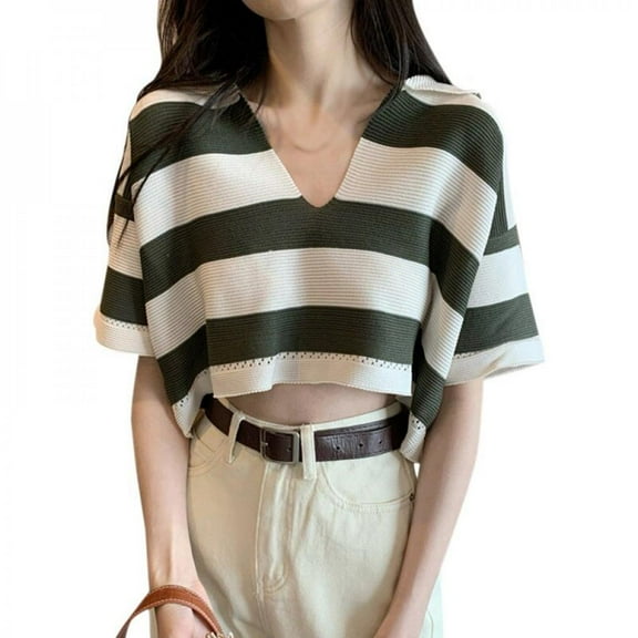 KOOYET Women Stripe V-neck Short Sleeve Cover Loose Wear Short T-Shirts