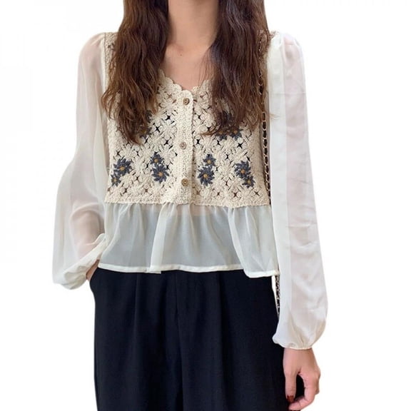 KOOYET Women's French Style Small Fresh Design Sense Hollow Crochet Long Sleeve Chiffon Blouse