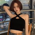 thumbnail image 1 of KOOYET Women's Korean Style Tank Solid Color Cross Neck Slim Exposure Navel Halter Camisole, 1 of 6