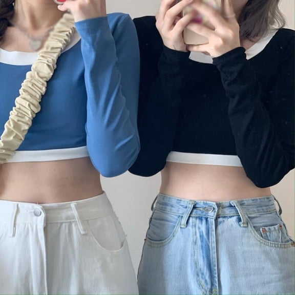 KOOYET Women's O Neck Patchwork Slim Navel Exposed Long Sleeve T Shirt