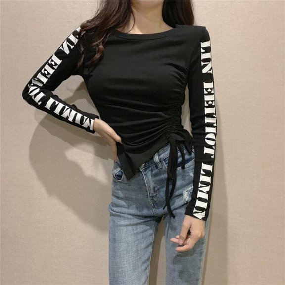 KOOYET Women's T-shirt Female Stretchy Drawstring Tees Fashion Letter Print Long Sleeve T Shirt One Size