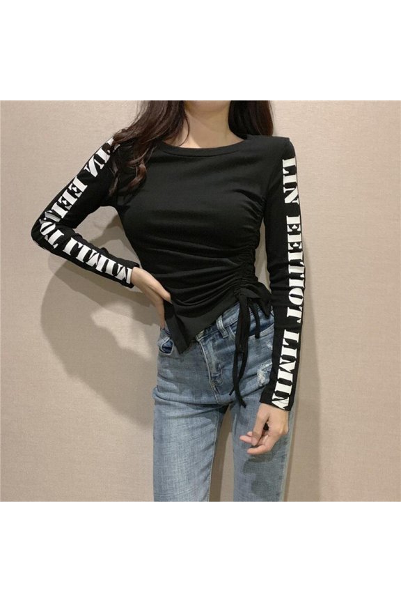Women's T-shirt Female Stretchy Drawstring Tees Fashion Letter Print Long Sleeve T Shirt One Size