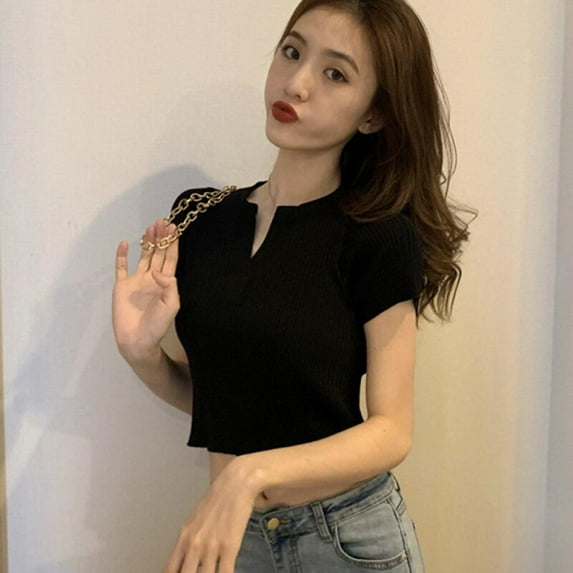 KOOYET Women's V-Neck Solid Exposed Navel Slim Casual Knitted Short Sleeve T Shirt
