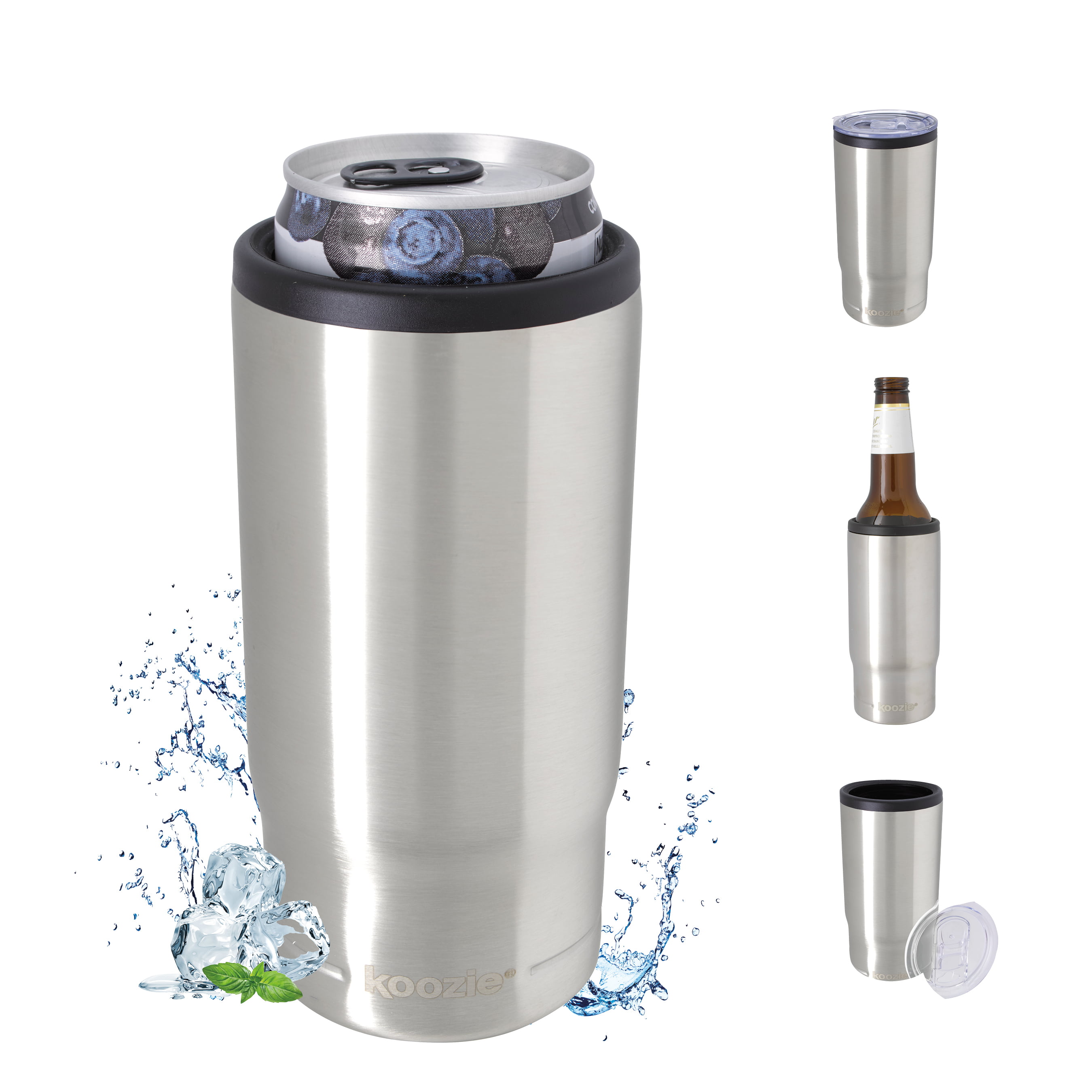 KOOZIE® Stainless Steel Triple 3-in-1 Can Cooler, Bottle or Tumbler with  Lid for 16 oz Tall Boy Cans, Double Wall Vacuum Insulated for Hot and Cold