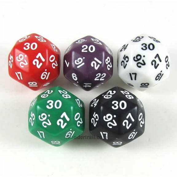 KOP06772 Assorted Opaque Dice with Numbers D30 33mm (1.3in) Pack of 5 Koplow Games