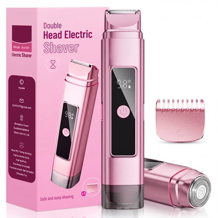 Nogroa 2 in 1 Women Electric Shaver, Dual Head Bikini Trimmer for Women, IPX7 Waterproof Wet & Dry Body Pubic Hair Trimmer, Cordless Lady Electric Razor for Face, Underarm & Legs, Pink