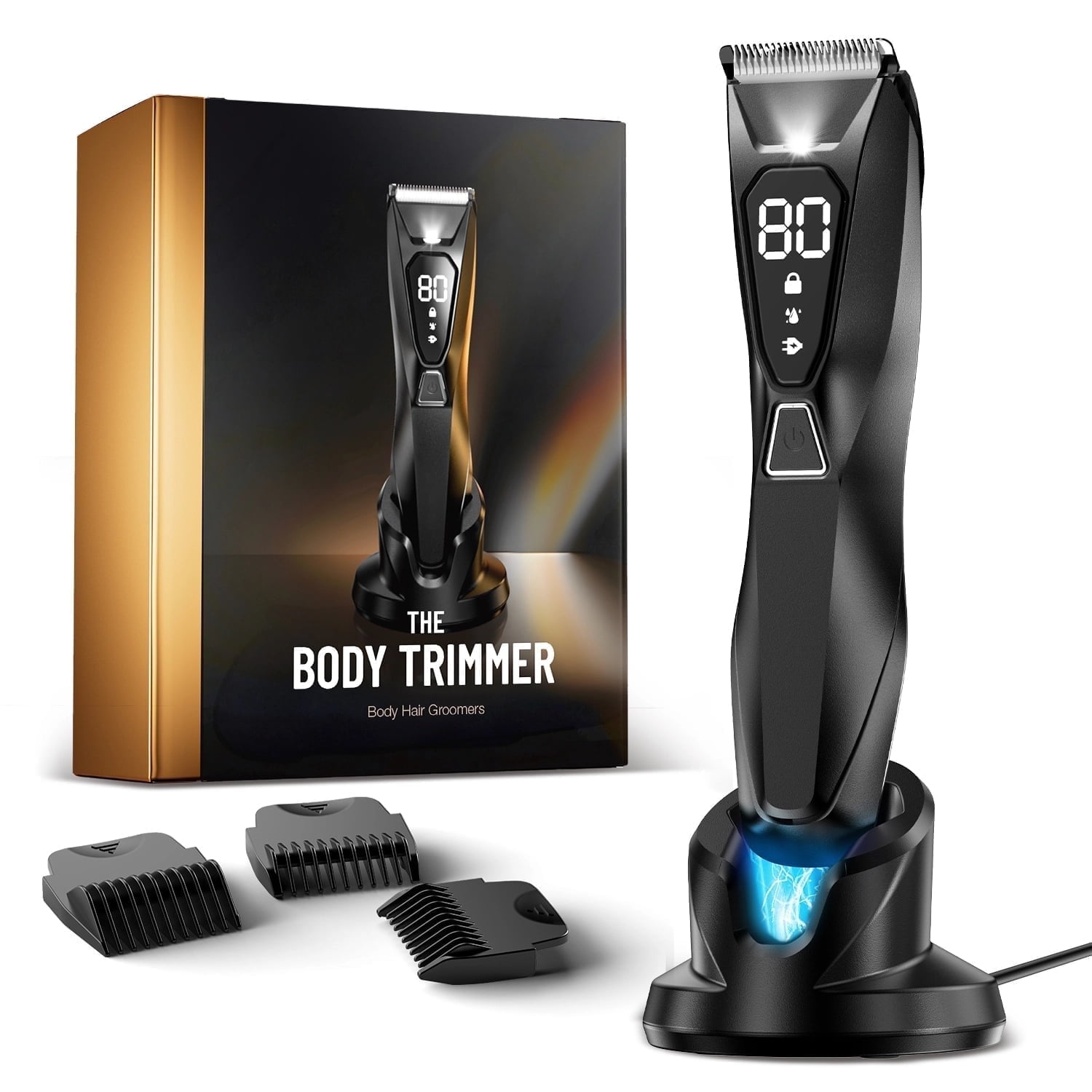 KOPEXY Electric Body Hair Trimmer, Groin Trimmer for Men with LCD Display & LED Light, IPX7 Waterproof Ball Shaver Pubic Hair Groomer with Ceramic Blade, USB Recharge Dock, Cordless, 3 Combs