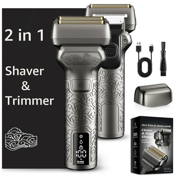 Nogroa 2 in 1 Electric Shaver & Trimmer for Men – Dual Blade Foil Razor for Wet & Dry Use IPX7 Waterproof Beard Trimmer with LED Display/Metal Handle/Travel Lock/Fast Charging, Metallic Gray