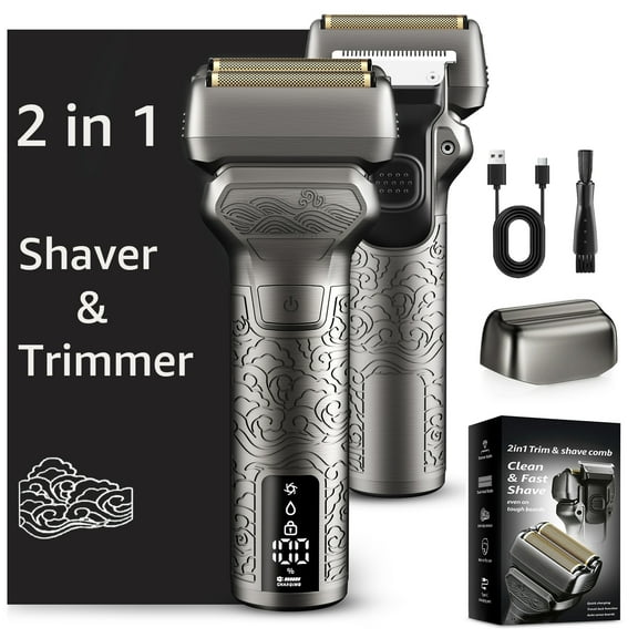 Nogroa 2 in 1 Electric Shaver & Trimmer for Men – Dual Blade Foil Razor for Wet & Dry Use IPX7 Waterproof Beard Trimmer with LED Display/Metal Handle/Travel Lock/Fast Charging, Metallic Gray