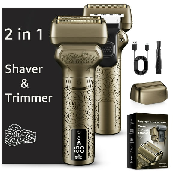 Nogroa Men's Electric Razor with Trimmer – IPX7 Waterproof Foil Shaver for Wet & Dry Use, Dual-Blade Beard Trimmer with LED Display/Non-Slip Metal Handle/Travel Lock/Fast Charging, Bronze