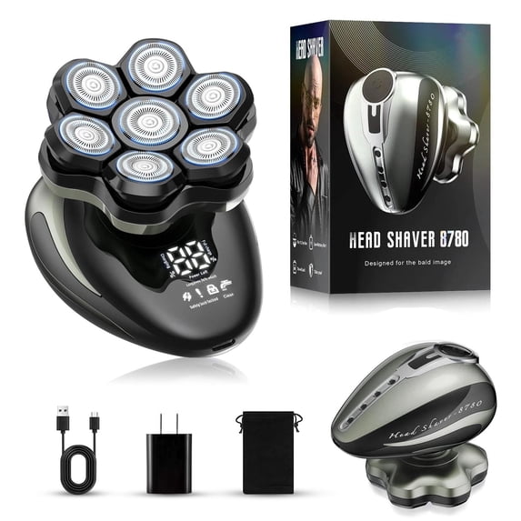 Nogroa Head Shavers for Men, 7D Bald Head Shaver, Magnetic Detachable Electric Razor, IPX6 Waterproof Wet/Dry Hair Beard Trimmer, Grooming Shaving Kit with LED Display & USB-C Charging, Grey