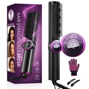 Hair Straightener Brush, 3-in-1 Heated Curling & Straightening Flat Iron Comb for Women, Anti-Scald Ceramic Hot Comb with 16 Temp Settings & 20s Fast Heating, LED Display, Dual Voltage, Black