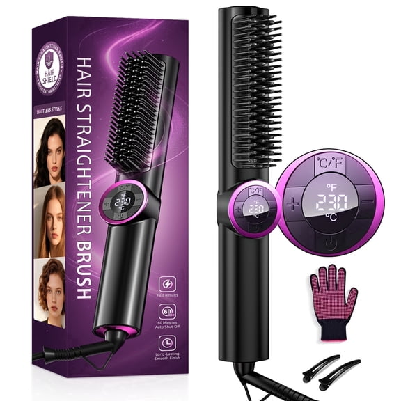 Hair Straightener Brush, 3-in-1 Heated Curling & Straightening Flat Iron Comb for Women, Anti-Scald Ceramic Hot Comb with 16 Temp Settings & 20s Fast Heating, LED Display, Dual Voltage, Black