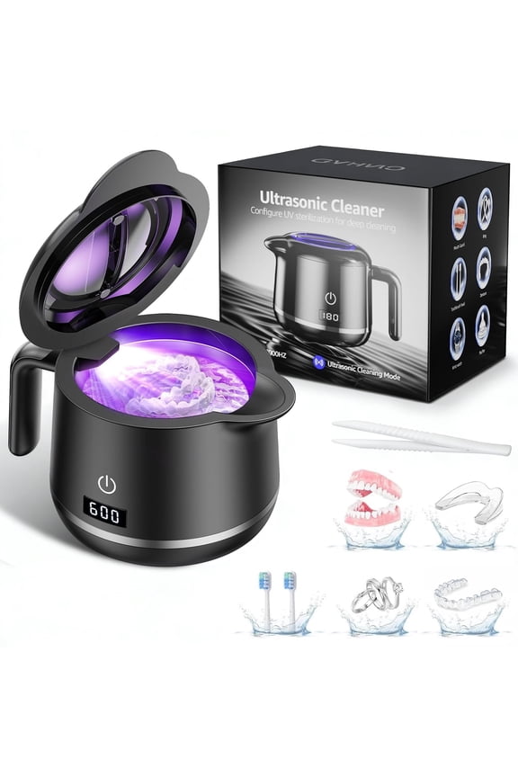 Ultrasonic Cleaner Machine, 45kHz Dentures Cleaner for Night Guards/Braces/Aligner/Toothbrush Heads/Jewelry - Upgraded Retainer Cleaner with Digital Timer & 200ML