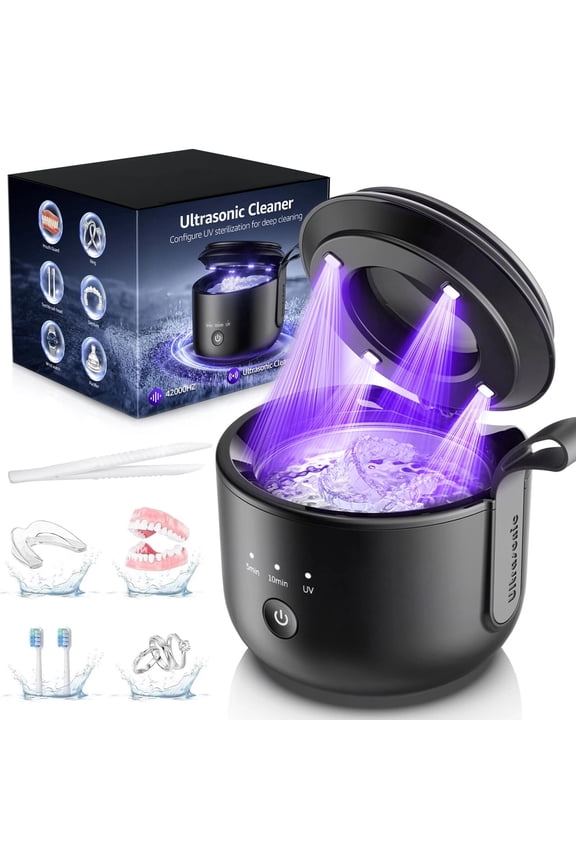 Ultrasonic Cleaner, 48kHz Rechargeable Cordless Jewelry Denture Cleaner Machine, 200ML Cleaning Pod for Jewelry, Rings, Glasses, Mouth Guard, Waterproof UV Cleaner with Digital Timer