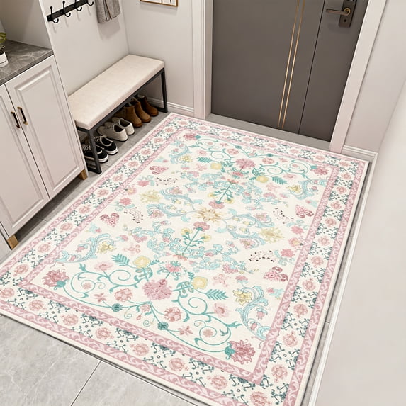 KOPOEELK 5x7 Washable Area Rug, Pink Oriental Traditional Non Slip Low Pile Carpet, Stain Resistant Indoor Floor Decor for Living Room, Bedroom and Dining Room