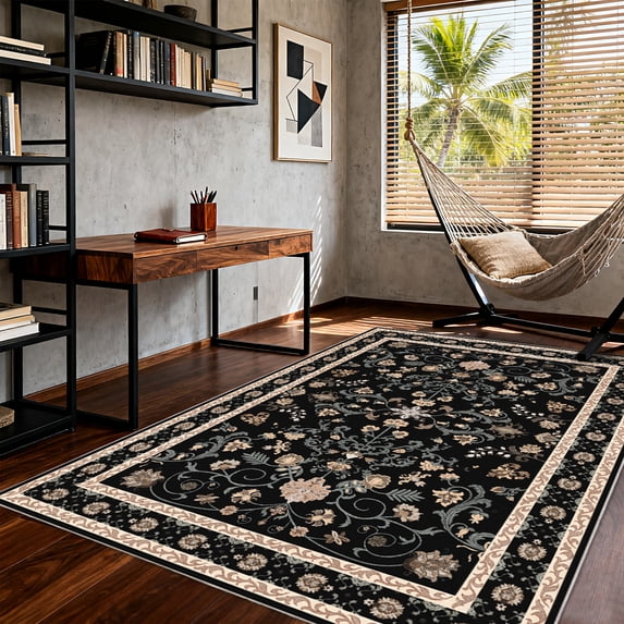 KOPOEELK Black Oriental Traditional Washable Rug 8x10, Non Slip Stain Resistant Low Pile Area Carpet for Living Room, Dining Room and Foyer, Indoor Home Decor