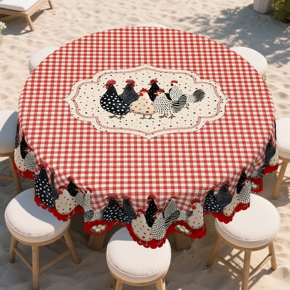 KOPOEELK Country Rooster Round Table Cover, 60 Inch Washable Round Tablecloth