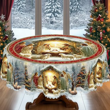 KOPOEELK Nativity Poinsettia Round Tablecloth, 60 in Round Christmas ...