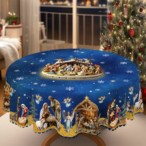 KOPOEELK Navy Nativity Angel 60 in Round Tablecloth, Christmas Dining Decor