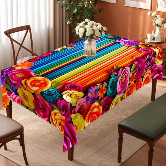 KOPOEELK Rainbow Stripe Rose Rectangle Tablecloth 55 x 70 in, Waterproof Stain Resistant Washable Polyester Table Cover for Kitchen Dining, Home Decor & Parties