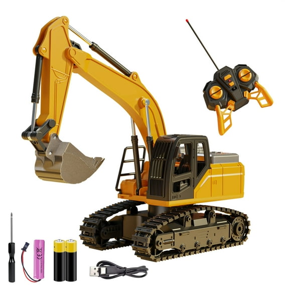 KOPPOP 5-Channel Remote Control Excavator, 1:24 Scale Alloy Construction Vehicle with Shovel Arm, Sound & Light, Crawler Sandbox Digger Toys Gift for Boys Ages 3-12