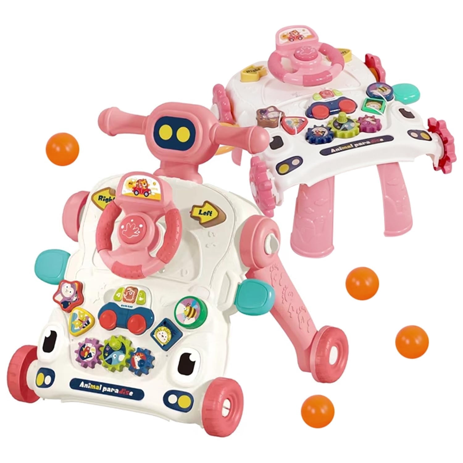 KOPPOP Baby Walker, 3-in-1 Activity Center and Learning Walker Sit-to-Stand Toy with Music & Lights, Foldable Push Toy for Infant Toddler 9+ Months, Pink