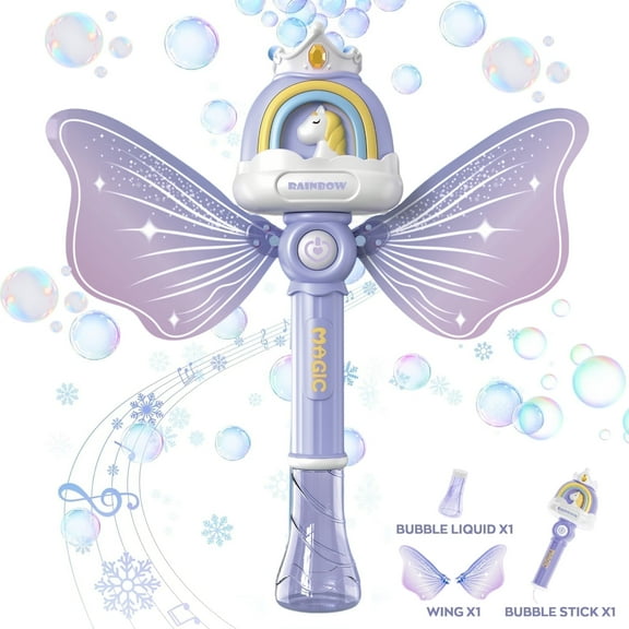 KOPPOP Purple Bubble Wand for Kids 3+, Bubble Machine with 130ML Bubble Solution (Refillable), Battery Operated, Creates Giant with Music & Lights for Indoor/Outdoor Parties