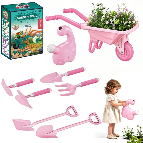 Kids Gardening Tool Set 7PCS with Wheelbarrow, Lightweight Plastic Long Handle (28.3") Outdoor Play Toys for 3+ Year Old Boys Girls pink