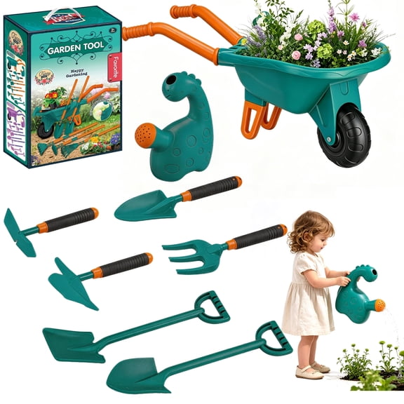 Kids Gardening Tool Set 7PCS with Wheelbarrow, Lightweight Plastic Long Handle (28.3") Outdoor Play Toys for 3+ Year Old Boys Girls green