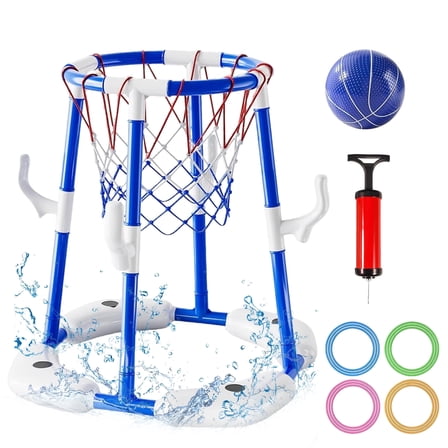 KOPPOP 2-in-1 Floating Pool Basketball Hoops & Ring Toss Game, Pool Basketball Toys with 1 Balls & 12 Rings, Inflatable Swimming Pool Toys for Kids and Family