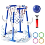 KOPPOP 2-in-1 Floating Pool Basketball Hoops & Ring Toss Game, Pool Basketball Toys with 1 Balls & 12 Rings, Inflatable Swimming Pool Toys for Kids and Family