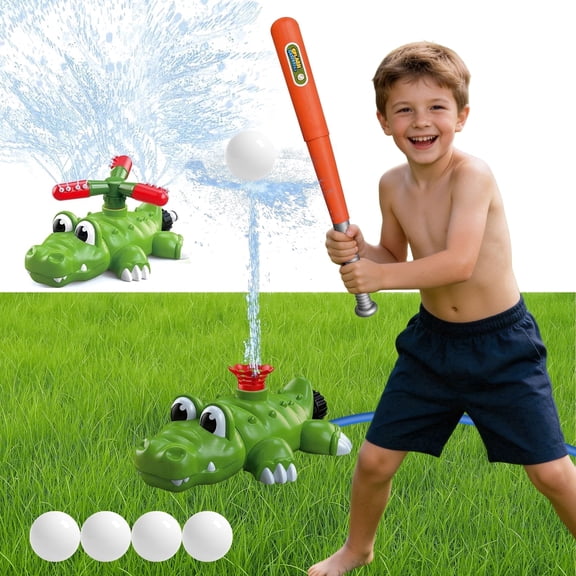 KOPPOP Water Sprinkler Toy, Crocodile Design,2-in-1 Outdoor Backyard Splash Game with Bat and Balls, Summer Fun for Kids Ages 3-8