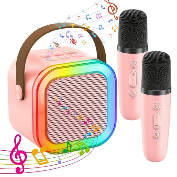 KOPPOP Mini Karaoke Machine with 2 Wireless Mics, Portable Speaker for Home & Travel Singing, Fun Gift for Kids 4-12+ Years Old (Pink)