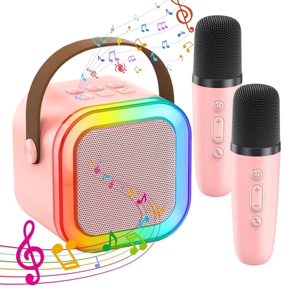 KOPPOP Mini Karaoke Machine with 2 Wireless Mics, Portable Speaker for Home & Travel Singing, Fun Gift for Kids 4-12 Years Old (Pink)