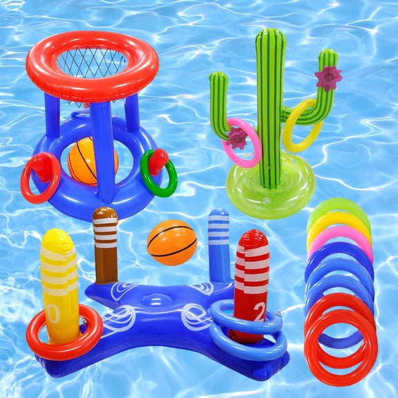 KOPPOP Floating Pool Basketball Hoop & Inflatable Cross Ring Toss Game Set – Includes Inflatable Cactus Decoration, 8 Rings, 2 Balls & Manual Air Pump – for Summer Pool, Beach, Family Gatherings