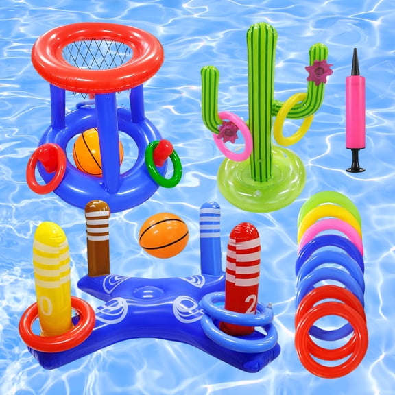 KOPPOP Floating Pool Basketball Hoop & Inflatable Cross Ring Toss Game Set – Includes Inflatable Cactus Decoration, 8 Rings, 2 Balls & Manual Air Pump – for Summer Pool, Beach, Family Gatherings