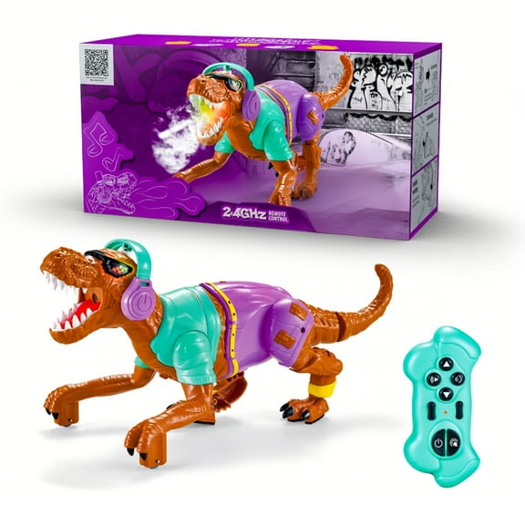 KOPPOP RC Walking Dinosaur Toy for Kids, 2.4GHz Remote Control with Mist Spray, Realistic Roars & LED Light up Glasses, Cool DJ Robot Gift for Boys Girls Ages 3+