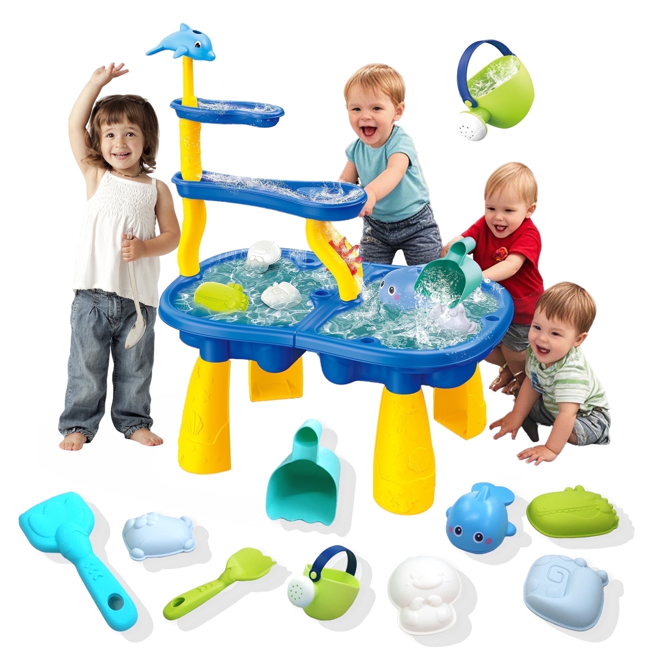 KOPPOP 2-in-1 Sand & Water Table for Kids, Outdoor Indoor Sensory Toy with Waterwheel & 8 Accessories, STEM Gift for Ages 3-5