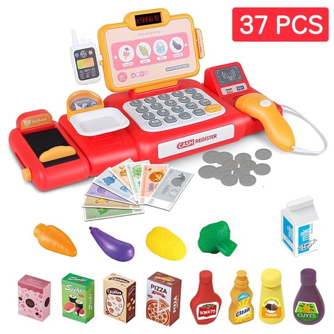 KOPPOP Kids Cash Register Toy, Pretend Play with Scanner, Learning Toy Gift for 3 4 5 6 Years Old Boys Girls Birthday(red).