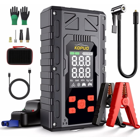 KOPUO Car Battery Jump Starter with Air Compressor,7000A Jumper Box for Car Battery Portable Booster Jump Pack,12V Jump starter 150PSI Car Tire Inflator Air Pump(up to 8.0L Gas/6.5L Diesel)