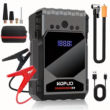 KOPUO 5-in-1 Portable Jump Starter with 150 PSI Air Compressor, 6000A Car Battery Booster(Up to 10L Gas/8L Diesel) 12V Jump Box with LED Light, Grey
