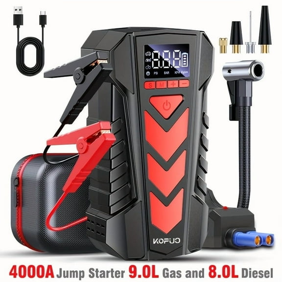 KOPUO Car Jump Starter with Air Compressor (9.0L Gas/8.0L Diesel)150PSI Car Battery Jumper Starter Portable, Jump Box Tire Inflator with LED Flashlight, LCD Display, Storage Case