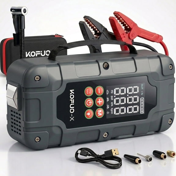 KOPUO-X Car Jump Starter, 9000A Jump Pack for All Gas & 12L Diesel, 150PS Jump Starter with Air Compressor, 500LM LED Flashlight, Portable Grey with Handle