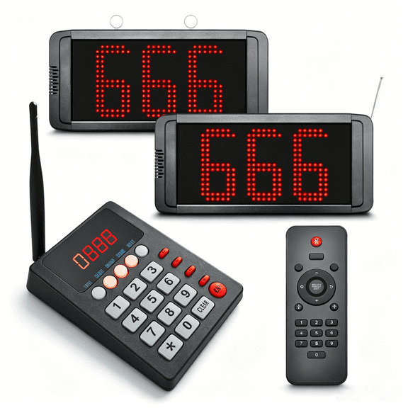 KOQICALL Restaurant Pager System,Wireless 1000FT Long Range Queue Calling System for Hospital Bank Barbershop Office (1 Keypad + 2 Displays)