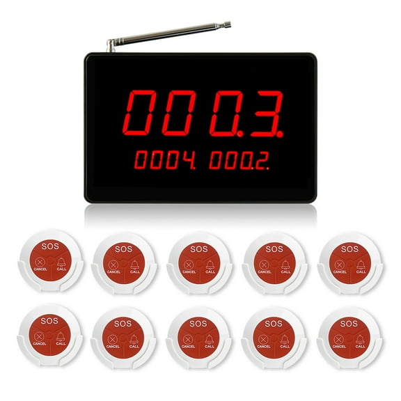 KOQICALL Wireless Nurse Calling System Caregiver Pager Patient Alert Call Service with 10 Waterproof Call Buzzer 1 Display Receiver for Elderly Clinic Nursing Home Hospital