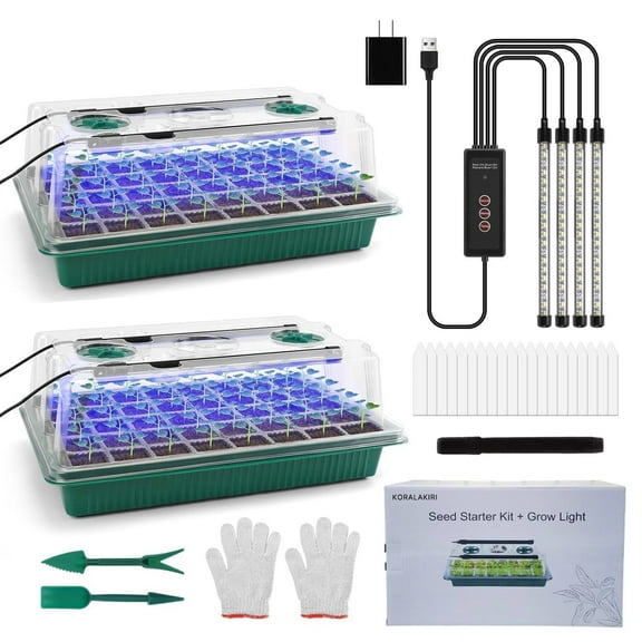 KORALAKIRI 2 Pack Seed Starter Tray with Grow Light, 80 Cells Plant Seed Starter Kit with Timing Controller Adjustable Brightness/Humidity Dome