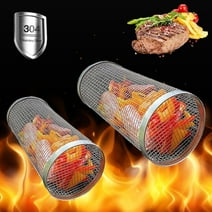 KORALAKIRI 2PCS Rolling Grilling Baskets - 12.2''&11.8'' Portable Grill Baskets for Outdoor Grill , Round Stainless Steel BBQ Grill Mesh for Vegetables