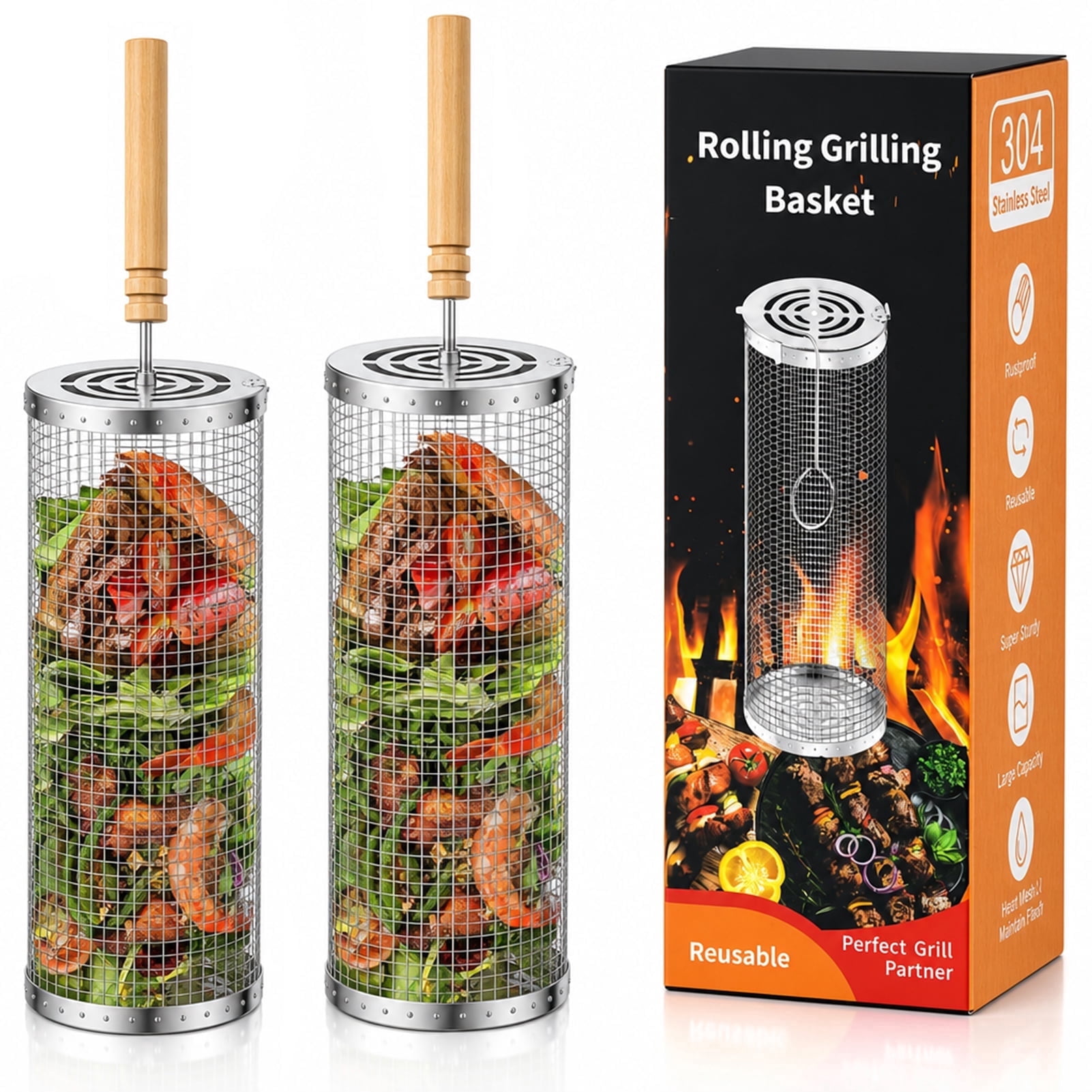 KORALAKIRI 2Pcs Rolling Grill Baskets with Removable Wooden Handle, Grilling Accessories, BBQ Net Tube Baskets for Veggies, Shrimp, Meat, Father' Day Gifts for 