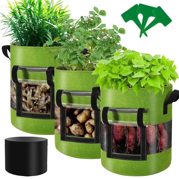KORALAKIRI 3 Pack Potato Grow Bags 10 Gallon Potato Bag with 360 Visible Window, Planter Bags for Potato,Tomato, Carrot, Onion(Green)
